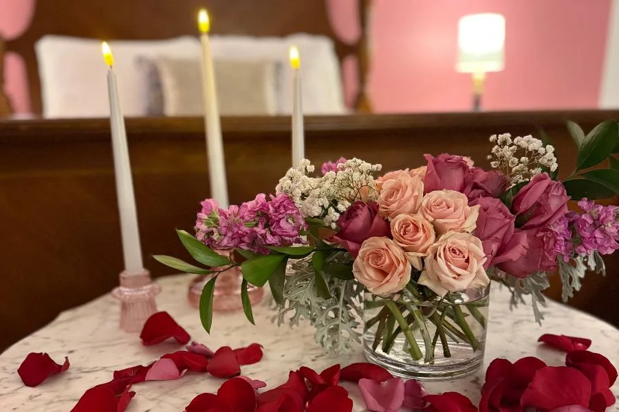 Flowers and candles in a romantic room at the Inn at Stockbridge
